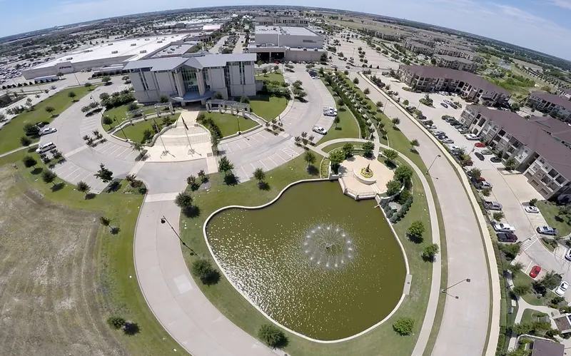 Aerial view of Fairview Town Hall and its pond